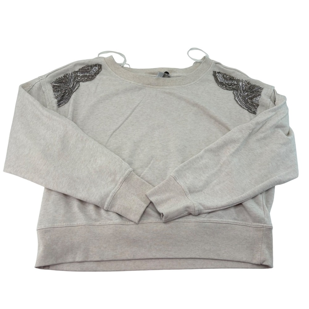 Jessica Simpson Womens XL Oatmeal Beaded Shoulder Applique Pullover Sweatshirt